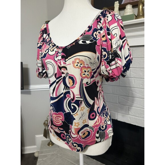 Women’s Medium Baby Phat Blouse Top Colorful Blouse With Puff Sleeves - Picture 3 of 6